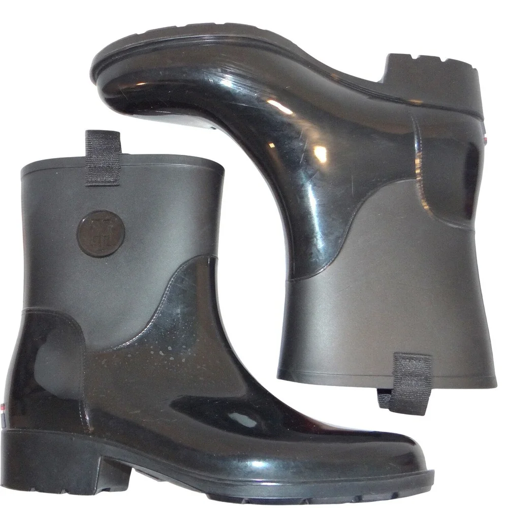 Tommy Hilfiger Khristie Black Boots Women 10M Glossy Matte Mid Calf Waterproof‎